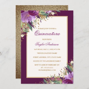Glitzer Amethyst Gold Lila Blumenquinceanera Einladung