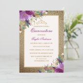 Glitzer Amethyst Lila Floral Tiara Quinceanera Einladung (Stehend Vorderseite)