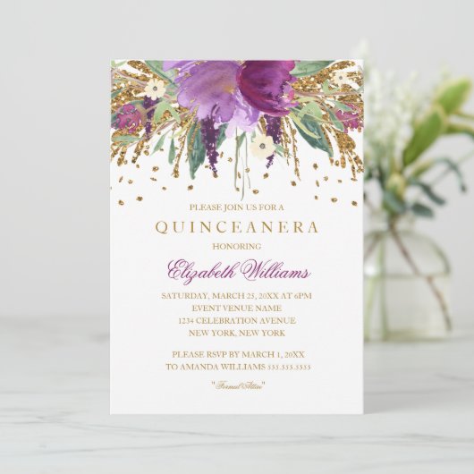 Glitzer Amethyst Quinceanera Einladung (Stehend Vorderseite)
