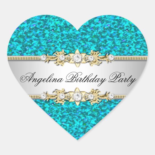 Glitzer Aquamarin Birthday Party Gold Jewel Diamon Herz-Aufkleber (Vorderseite)