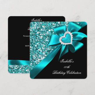 Glitzer Aquamarin Blue Heart Bow Black Birthday Pa Einladung
