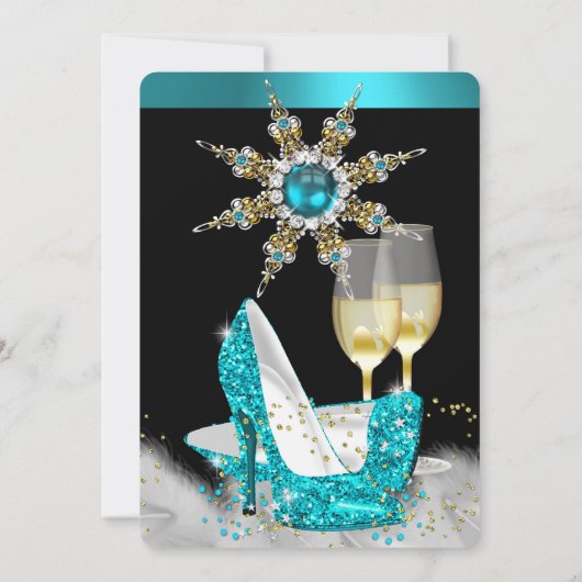 Glitzer Aquamarin Blue High Heel Black Gold Champa Einladung (Rückseite)