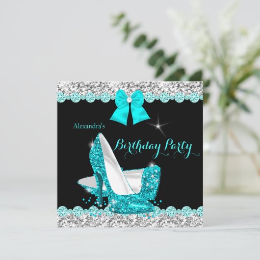Glitzer Aquamarin Blue High Heels Silver Birthday Einladung (Stehend Vorderseite)