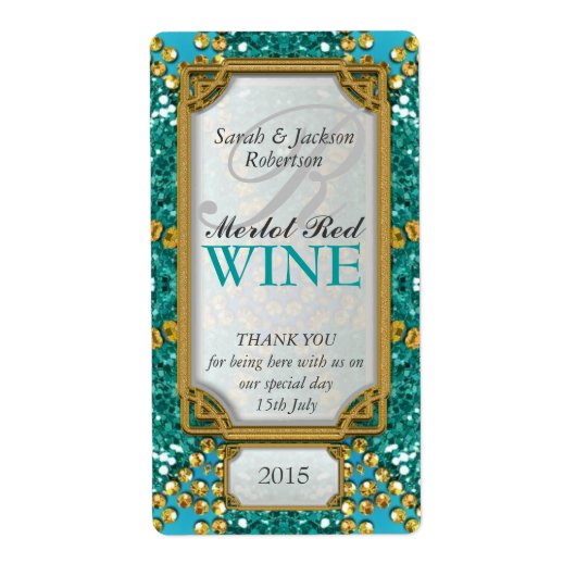 Glitzer Aquamarin Gold Custom Wine Flaschen Labels (Vorne)