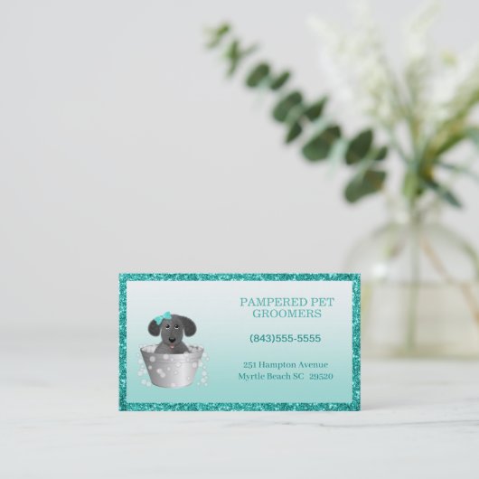 Glitzer Aquamarin Green Modern Pet Groomer Visitenkarte (Stehend Vorderseite)