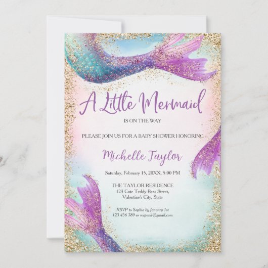 Glitzer Aquamarin Little Mermaid Summer Girl Baby Einladung (Vorderseite)