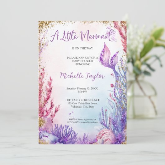 Glitzer Aquamarin Little Mermaid Summer Girl Baby Einladung (Stehend Vorderseite)