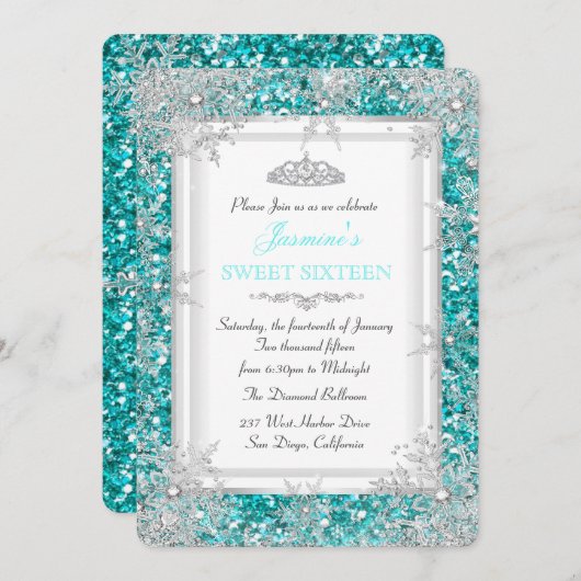 Glitzer Aquamarin Silver Winter Wonderland Sweet 1 Einladung (Vorne/Hinten)
