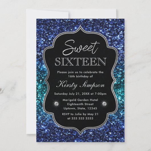 Glitzer "aquamarin und Blauer Ozean" Sweet 16 Einladung (Vorderseite)