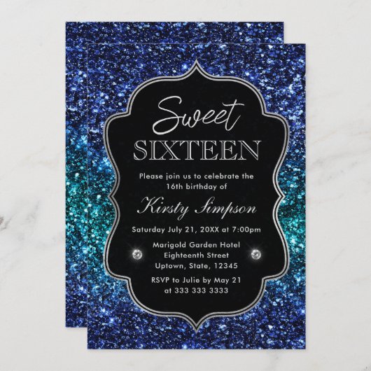 Glitzer "aquamarin und Blauer Ozean" Sweet 16 Einladung (Vorne/Hinten)