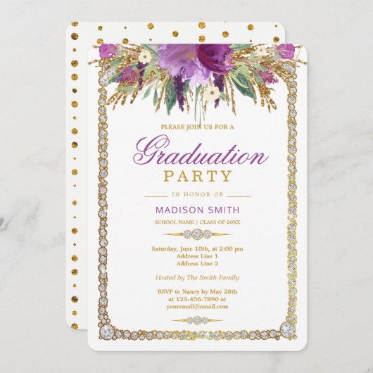 Glitzer Aquarellfarben Blume Bling Grad Party Einladung (Vorne/Hinten)