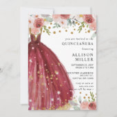 Glitzer aus Burgundy, Blumen, Rotgoldkleid, QUINCE Einladung (Vorderseite)