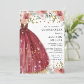 Glitzer aus Burgundy, Blumen, Rotgoldkleid, QUINCE Einladung (Stehend Vorderseite)
