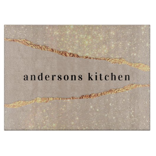 Glitzer aus Marmor, beige Goldmonogramm Schneidebrett (Vorderseite)
