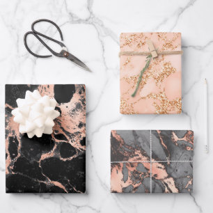 Glitzer aus schwarzem Marmor Rose Gold Geschenkpapier Set