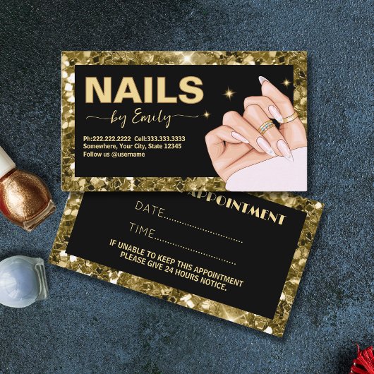 Glitzer aus schwarzem und goldfarbenem Nagel Manik Terminkarte