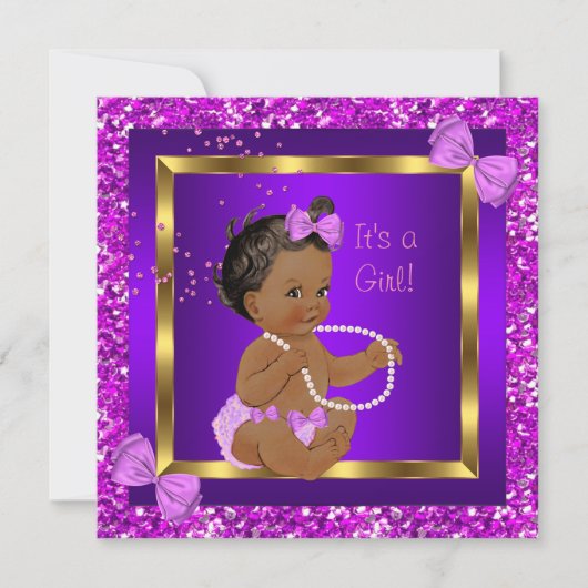 Glitzer Baby Duwer Girl Lila Pink Ethnic Einladung (Vorderseite)