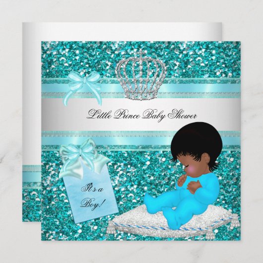 Glitzer Baby Shower Boy Aquamarin Little Prince Cr Einladung (Vorne/Hinten)