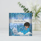 Glitzer Baby Shower Boy Blue Little Prince Crown 2 Einladung (Stehend Vorderseite)