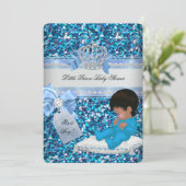 Glitzer Baby Shower Boy Blue Little Prince Crown 3 Einladung (Stehend Vorderseite)