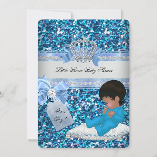Glitzer Baby Shower Boy Blue Little Prince Crown 3 Einladung (Vorderseite)