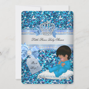 Glitzer Baby Shower Boy Blue Little Prince Crown 3 Einladung