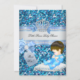 Glitzer Baby Shower Boy Blue Little Prince Crown 4 Einladung