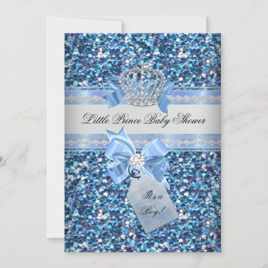 Glitzer Baby Shower Boy Blue Little Prince Crown 5 Einladung (Vorderseite)