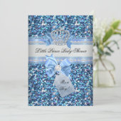 Glitzer Baby Shower Boy Blue Little Prince Crown 5 Einladung (Stehend Vorderseite)