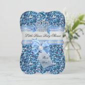 Glitzer Baby Shower Boy Blue Little Prince Crown 5 Einladung (Stehend Vorderseite)