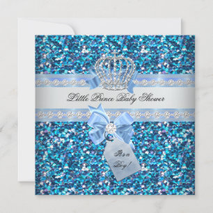 Glitzer Baby Shower Boy Blue Little Prince Crown 5 Einladung