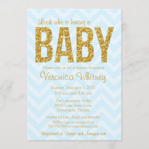 Glitzer Baby Shower Invasion, Gold Blue Zickzack Einladung