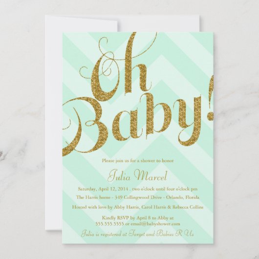 Glitzer Babydusche Einladung mit Mint Zickzack (Vorderseite)