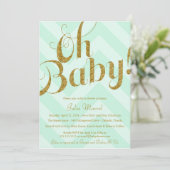 Glitzer Babydusche Einladung mit Mint Zickzack (Stehend Vorderseite)