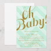 Glitzer Babydusche Einladung mit Mint Zickzack (Vorne/Hinten)