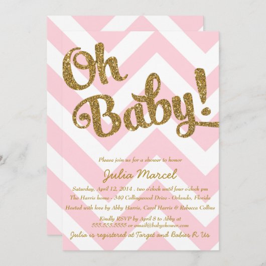 Glitzer Babydusche Einladung mit rosa Zickzack (Vorne/Hinten)