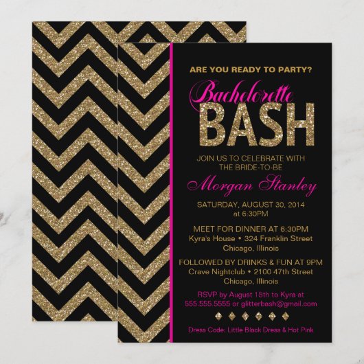 Glitzer Bachelorette Bash Party Einladung Rosa (Vorne/Hinten)