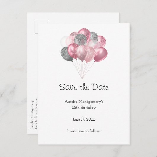 Glitzer Ballon Bunch Pink und Silber Ankündigungspostkarte (Vorne/Hinten)