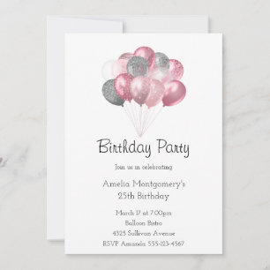 Glitzer Ballon Bunch Pink und Silver Geburtstag Einladung