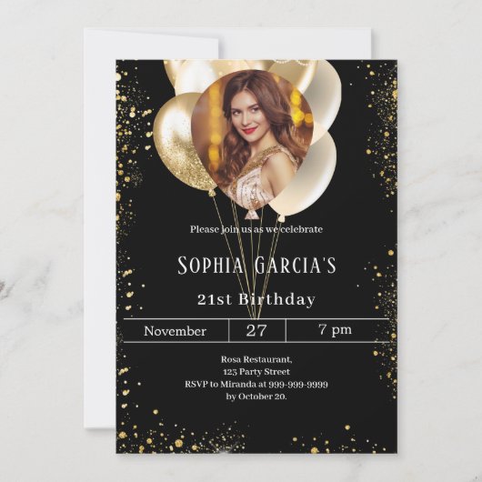 Glitzer-Ballons aus Schwarzgold-Foto Einladung (Vorderseite)