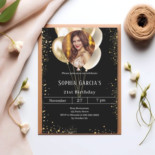 Glitzer-Ballons aus Schwarzgold-Foto Einladung