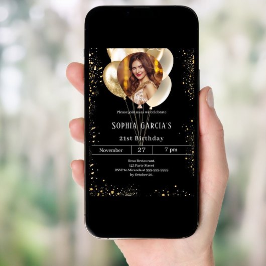 Glitzer-Ballons aus Schwarzgold-Foto Einladung
