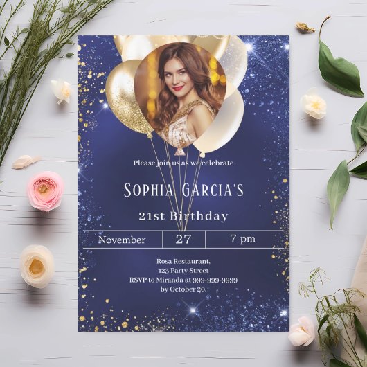 Glitzer-Ballons mit blauem Foto Einladung