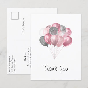 Glitzer Balloon Bunch Pink und Silver Vielen Dank Postkarte