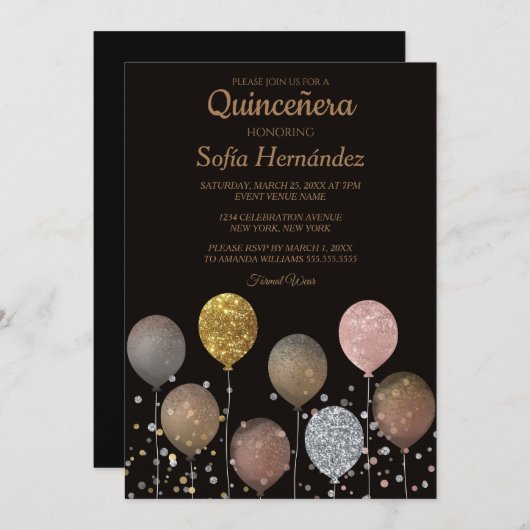 Glitzer Balloon Quinceñera Einladung (Vorne/Hinten)