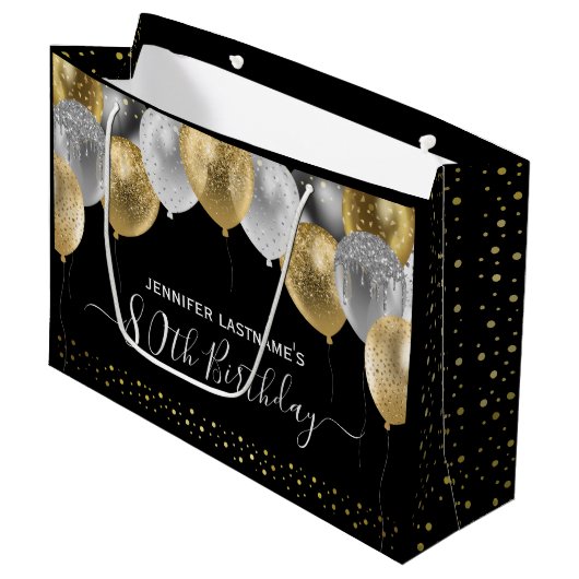 Glitzer Balloons 80. Geburtstagsparty Große Geschenktüte (Vorderseite Schrägansicht)