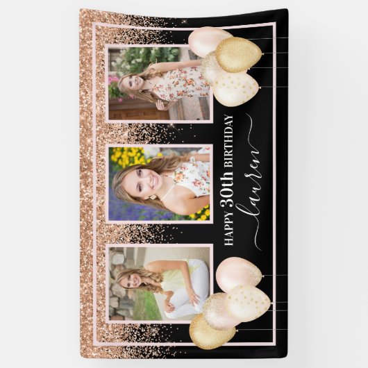Glitzer Balloons Drei Fotos 30. Schwarzer Geburtst Banner (Vertikal)