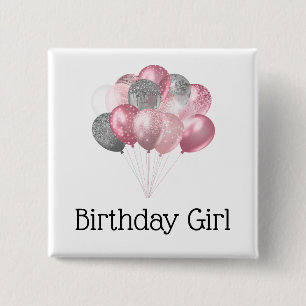 Glitzer Balloons Pink und Silver Birthday Girl Button