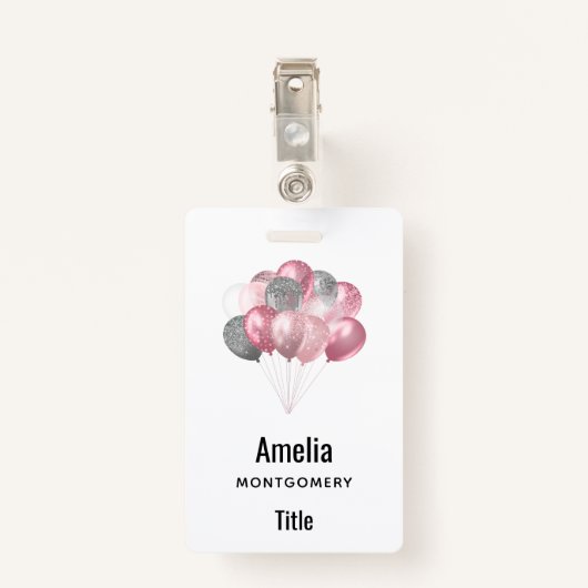 Glitzer Balloons Rosa und Silber Ausweis (Rückseite mit Klammer)