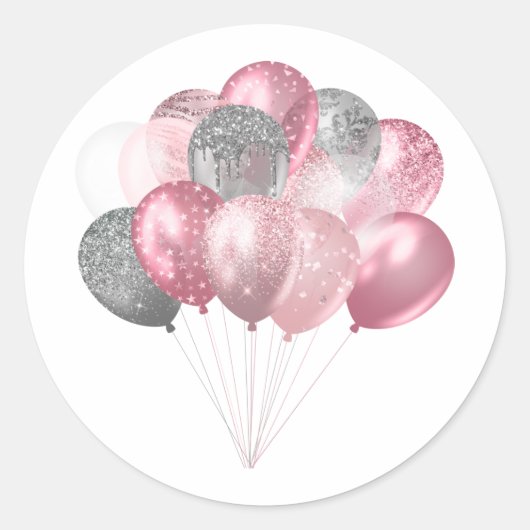 Glitzer Balloons Rosa und Silber Runder Aufkleber (Vorderseite)